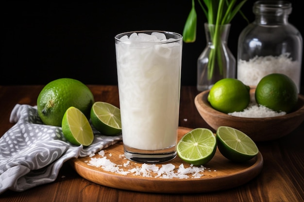 Um copo de leite de coco com limão sobre uma mesa de madeira.