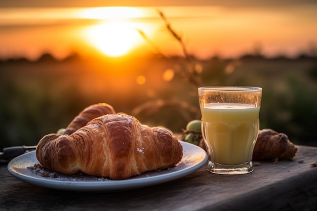 Um copo de leite e croissants sobre uma mesa com o pôr do sol ao fundo.