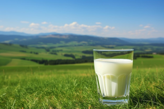 Foto um copo de leite em um campo verde com montanhas, uma cena de campo tranquila.