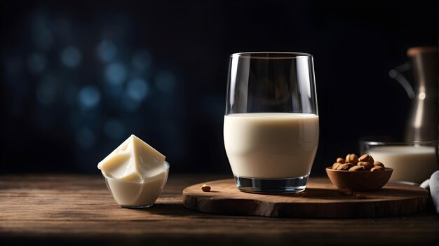 um copo de leite em uma mesa de madeira