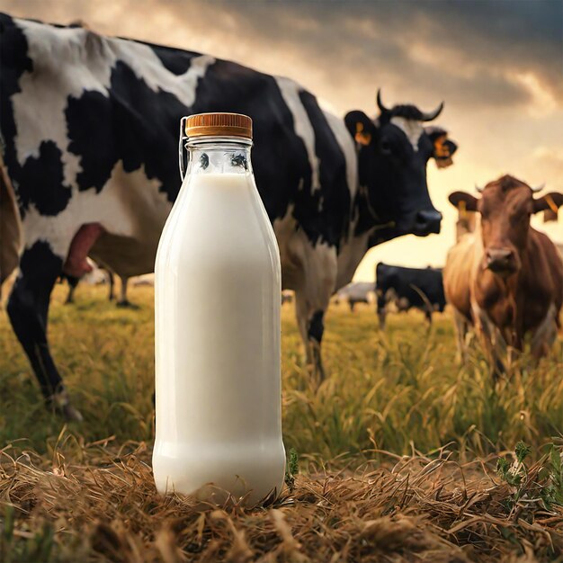 Um copo de leite numa fábrica de leite de campo de grama