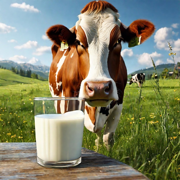 Um copo de leite numa fábrica de leite de campo de grama