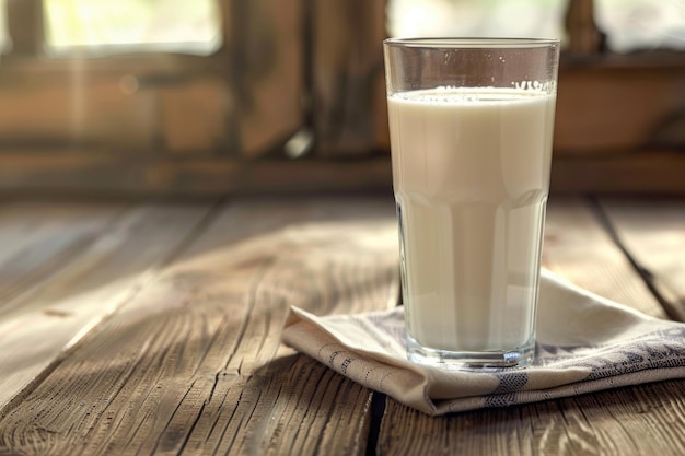 Um copo de leite numa mesa de madeira com um guardanapo Produto lácteo