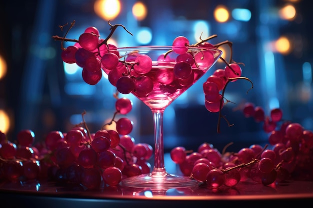 Um copo de licor com uvas vermelhas