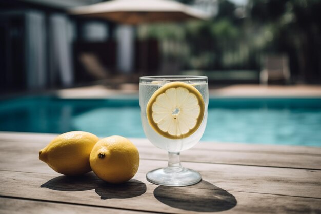 Um copo de limonada ao lado de uma piscina com piscina ao fundo