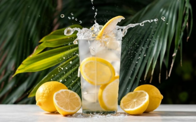 Um copo de limonada com fatias de limão Com fundo tropical com sensação refrescante