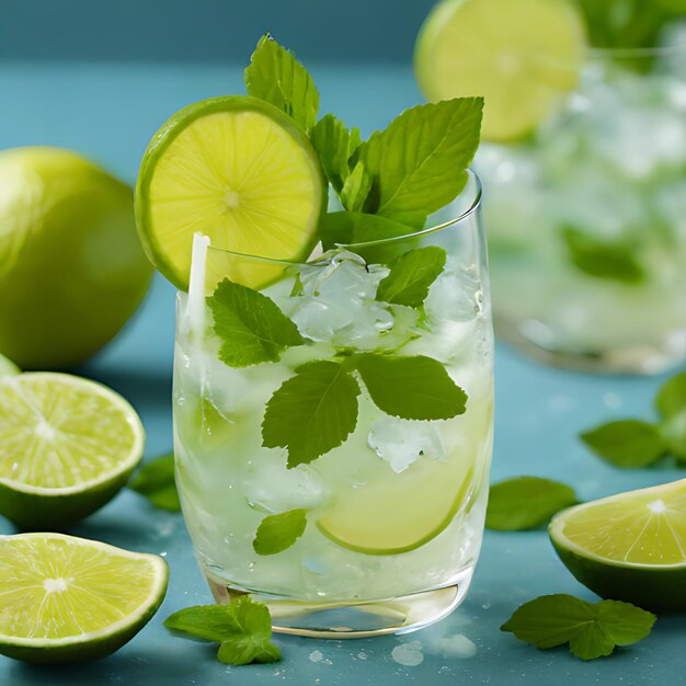 Foto um copo de limonada com limões e limões em um fundo azul