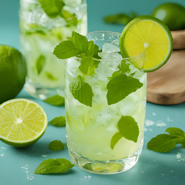 Foto um copo de limonada com limões e limões em uma mesa