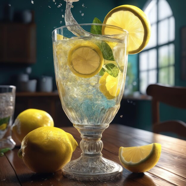 Um copo de limonada com salpicos em cima da mesa
