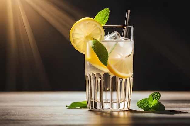 Um copo de limonada com uma rodela de limão na borda está sobre uma mesa de madeira.