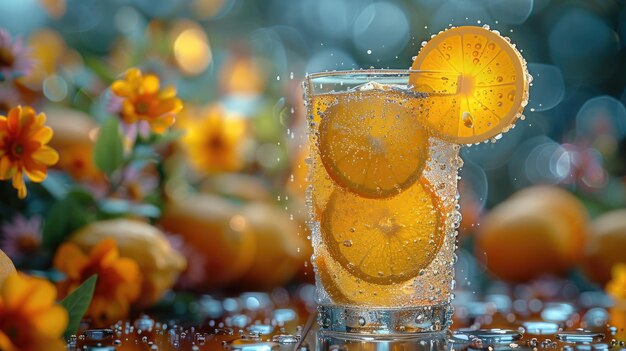 Um copo de limonada refrigerado em meio a flores de verão à luz do sol