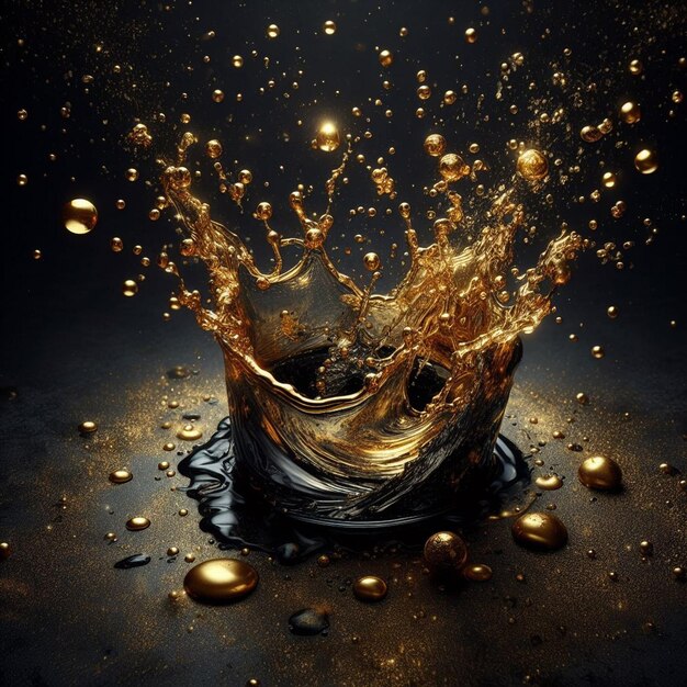 um copo de líquido dourado com fundo preto com manchas douradas