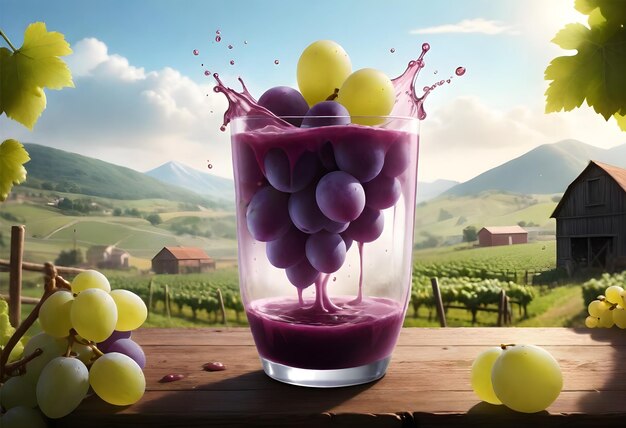 um copo de líquido roxo com uvas e uvas