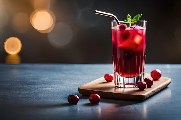 um copo de líquido vermelho com cerejas em uma tábua de madeira.