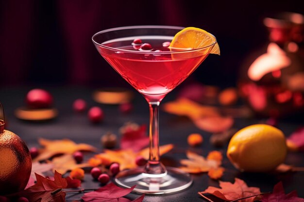 Foto um copo de líquido vermelho e rosa senta-se em uma mesa com folhas e frutas