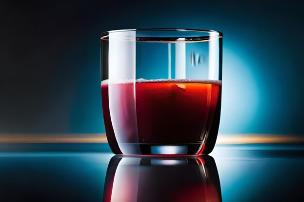 um copo de líquido vermelho está sobre uma mesa.