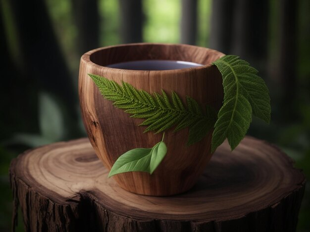 Um copo de madeira com uma planta
