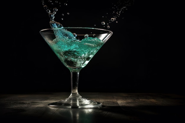 Um copo de martini azul com um pouco de líquido.