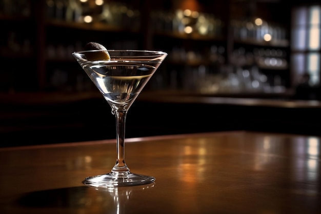 Um copo de martini com um limão na borda está sobre o balcão de um bar.
