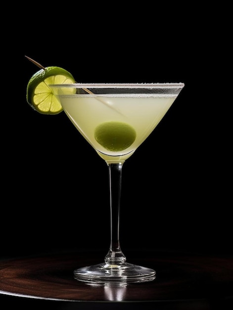 um copo de martini com uma cunha de limão do lado