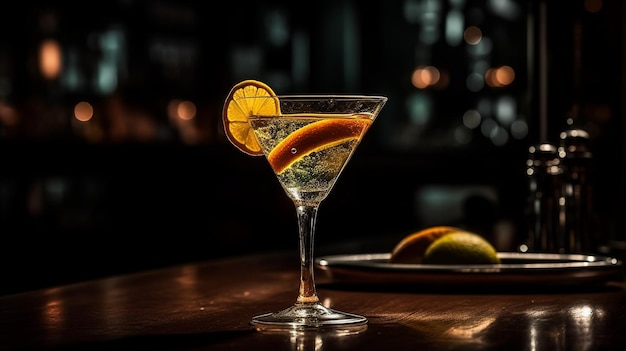 Um copo de martini com uma rodela de laranja na borda está sobre o balcão de um bar.