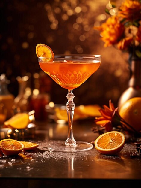 Um copo de martini está cheio de fatias de laranja.