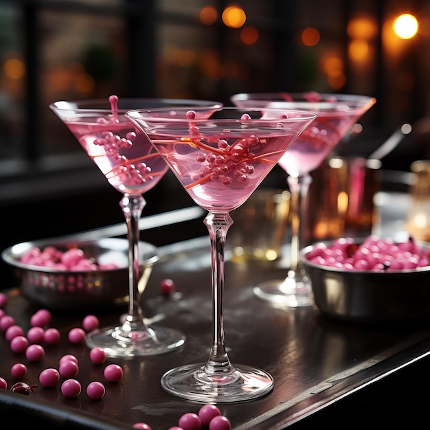 um copo de martini rosa Linda decoração no estilo da Barbie Doce sobremesa alcoólica decorada