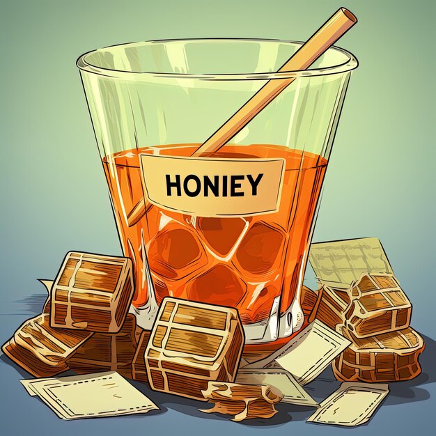 Um copo de mel com um bastão que diz mel.
