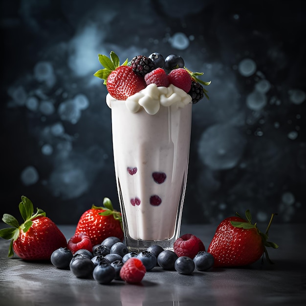 Um copo de milk-shake com frutas e morangos.