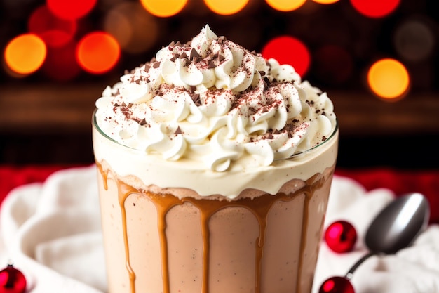 Um copo de milk-shake de chocolate com chantilly e calda de chocolate.