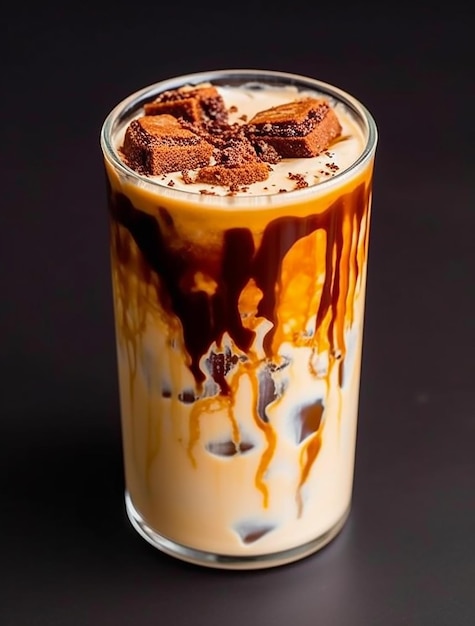 Um copo de milk-shake de chocolate com pedaços de chocolate por cima.