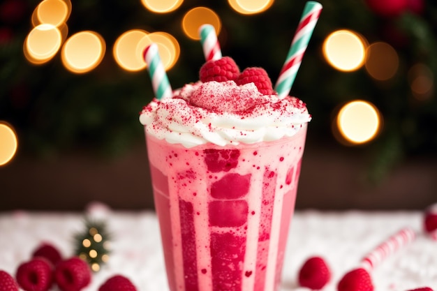 Um copo de milk-shake de framboesa com canudos e uma árvore de natal ao fundo