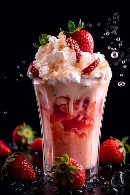 Um copo de milk-shake de morango com chantilly e morangos