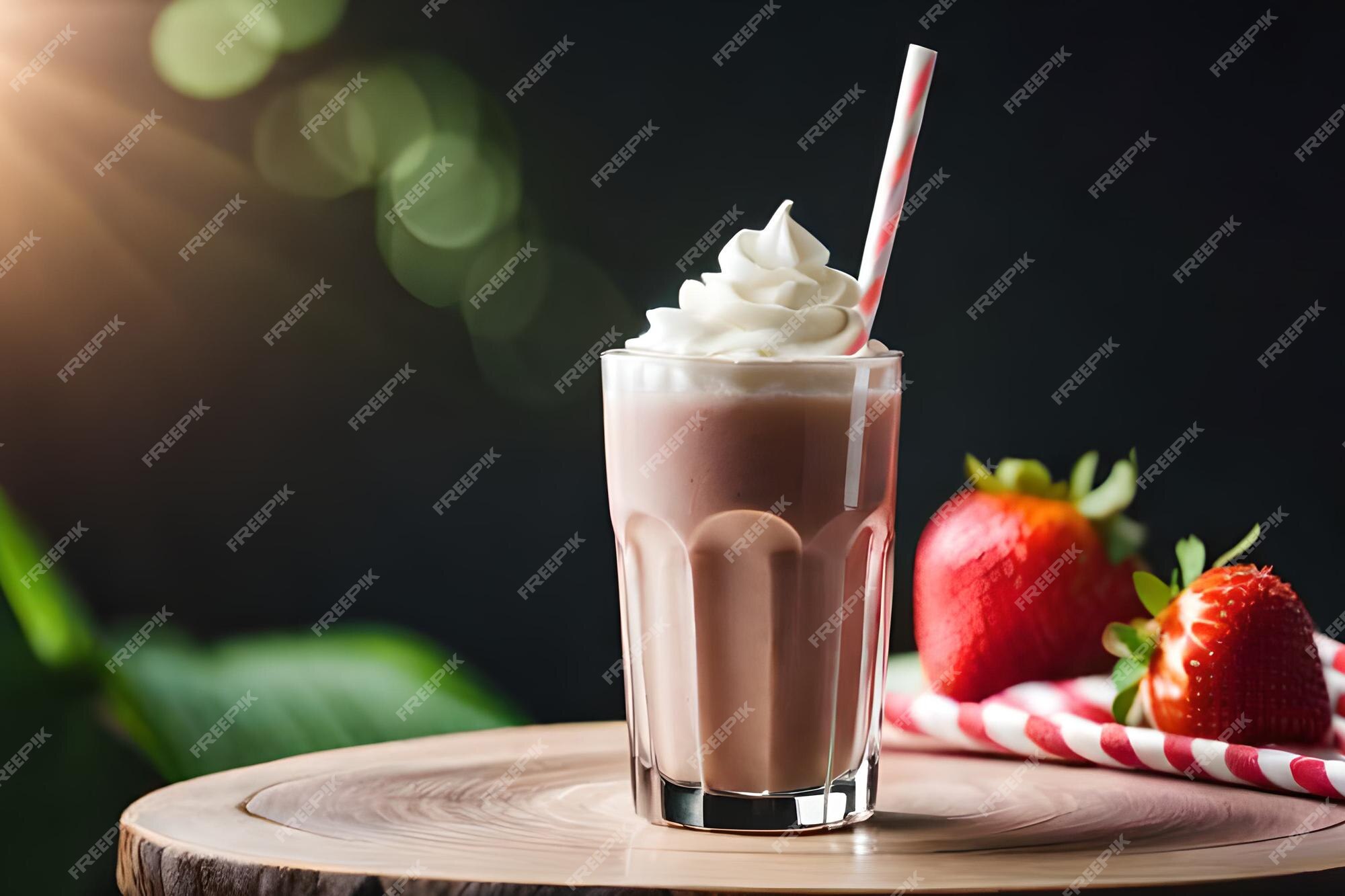 Um milk-shake com um canudo e um copo de sorvete.