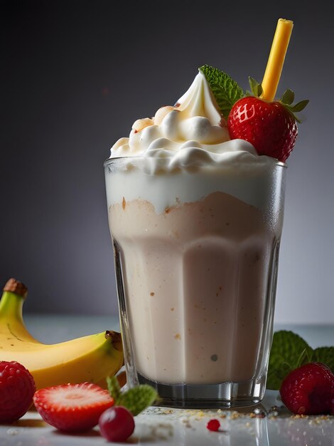 um copo de milkshake com morangos e morangos