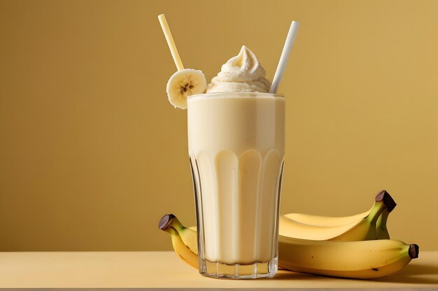 Foto um copo de milkshake de banana em um fundo amarelo fatia de banana numa palha