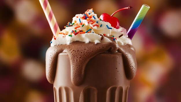 Foto um copo de milkshake de chocolate com palha