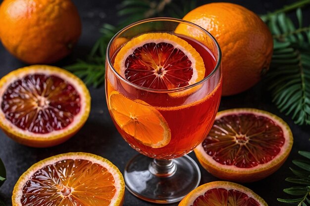 Foto um copo de mimosa de laranja sangrienta com fatias de laranjeira