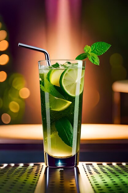 Um copo de mojito com canudo e limão por cima.