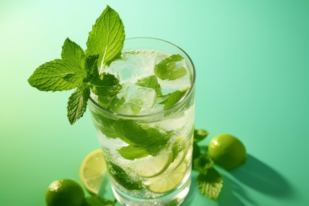 Um copo de mojito com folhas de hortelã e limão sobre um fundo verde