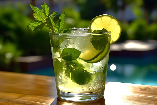 Um copo de mojito com folhas de hortelã e uma rodela de limão