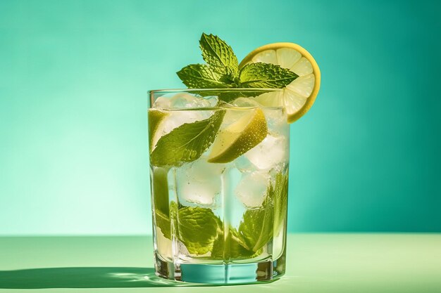 Um copo de mojito com gelo e rodelas de limão na borda