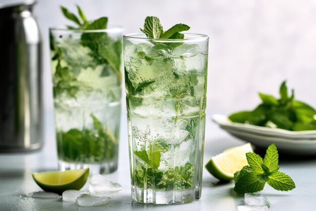 Um copo de mojito com hortelã ao lado