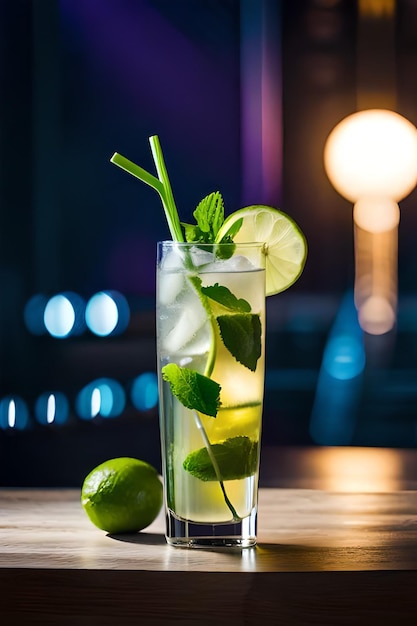 Um copo de mojito com limão ao lado