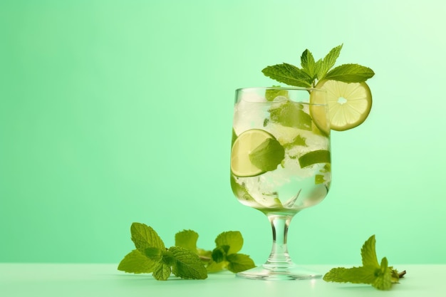 Um copo de mojito com limão e folhas de hortelã sobre um fundo verde