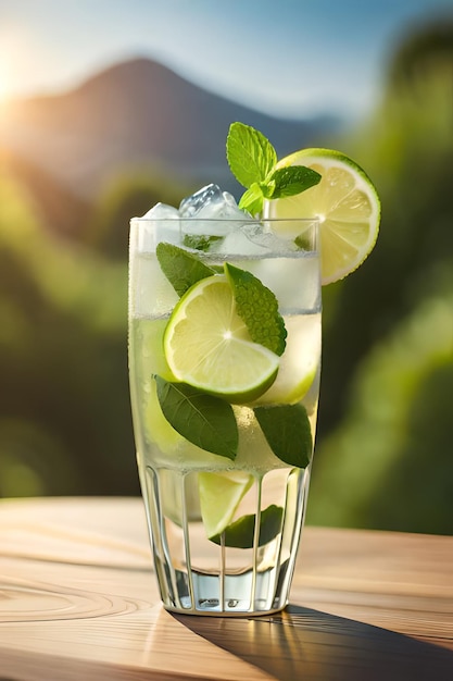 Um copo de mojito com limão e limão sobre uma mesa de madeira