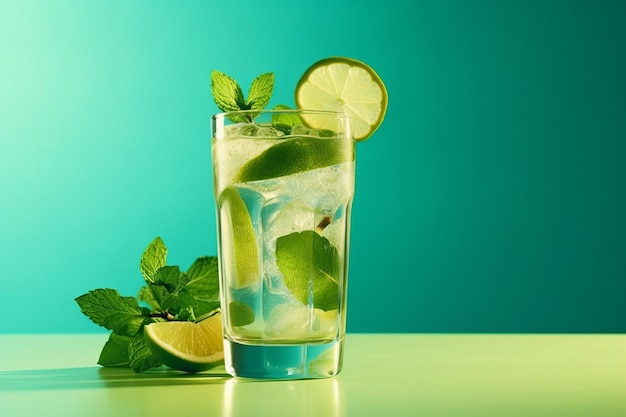 Um copo de mojito com limão e limão sobre uma mesa verde.