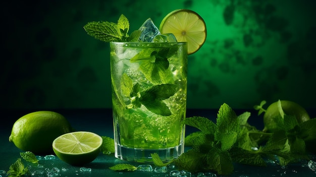 Um copo de mojito com limão e limão sobre uma mesa