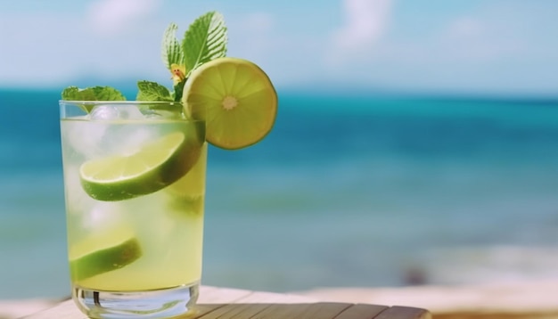 Um copo de mojito com limão e uma praia ao fundo