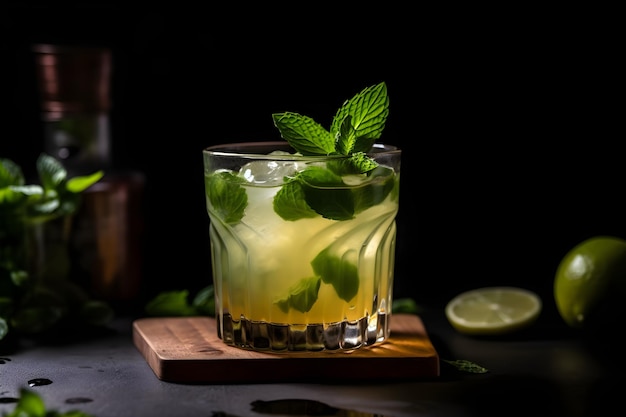 Um copo de mojito com limão na borda está sobre uma base para copos de madeira.